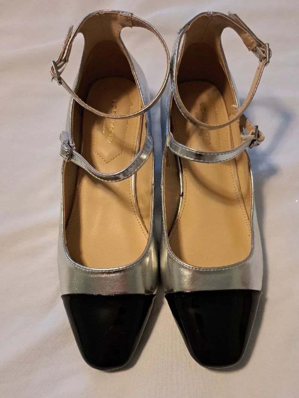 Liz Claiborne Silver and Black Mary Jane Flats with Ankle Straps